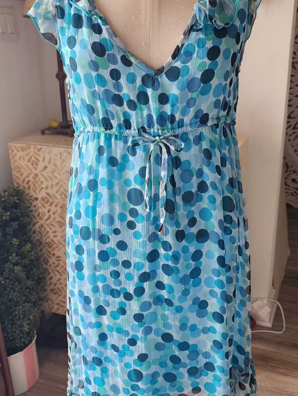 Papillion-Blue Boho Polka Dot Chiffon Ruffled Party Dress